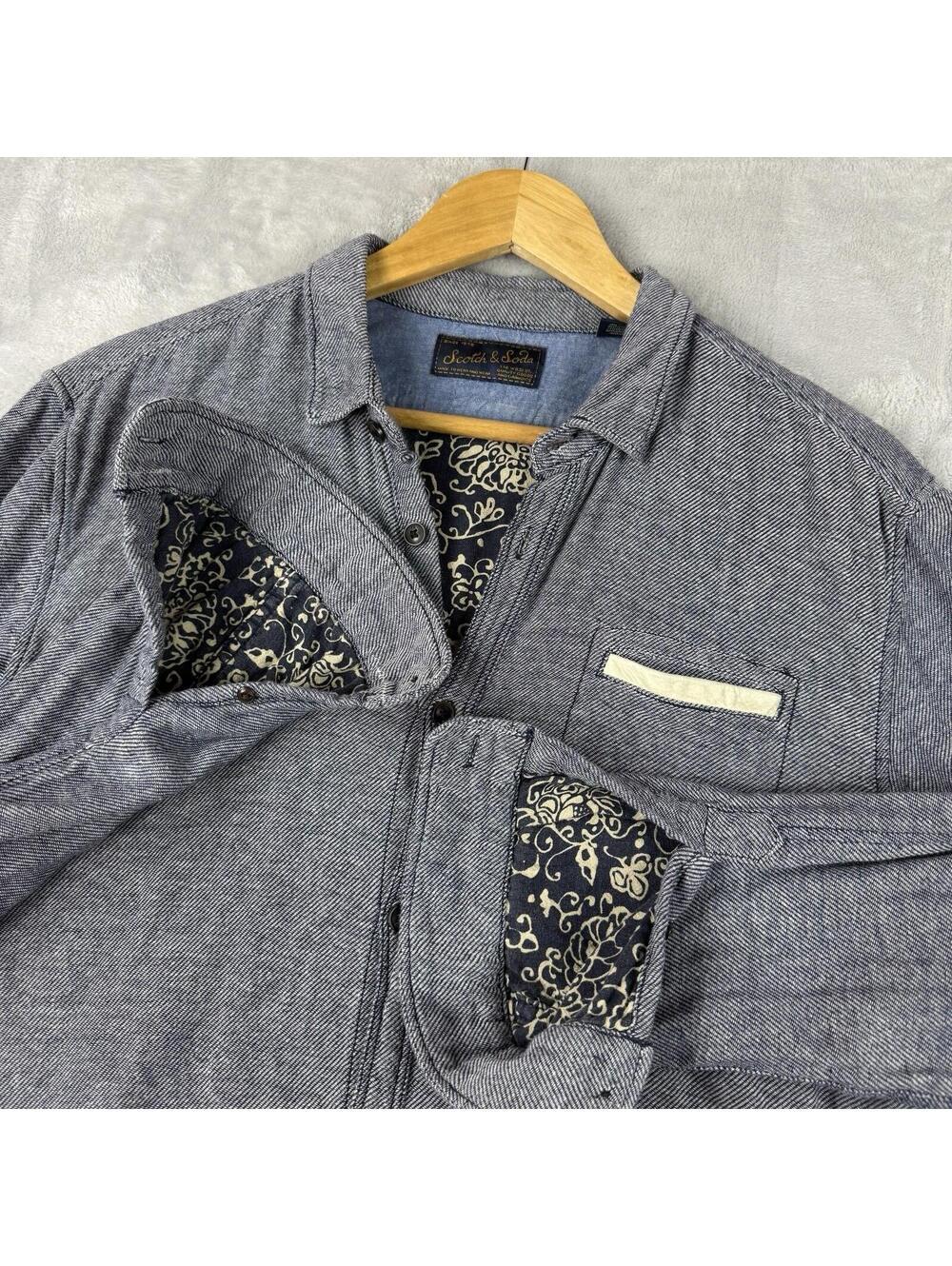 Scotch & Soda Blue Chambray Button Up Shirt Pattern Trim Mens L Roll Up Preppy